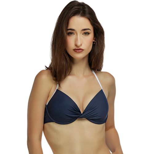 J.Press White-Trimmed Twisted Effect Push-Up Bikini Top - Navy